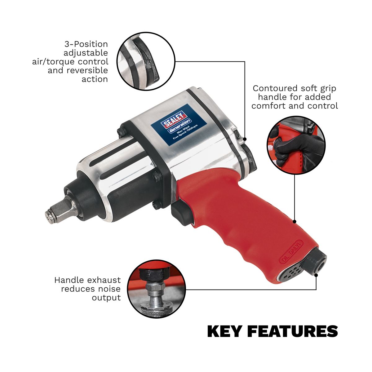 Sealey GSA02 Air Impact Wrench 1/2"Sq Drive - Twin Hammer