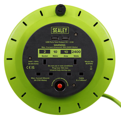 Sealey BCR10G Cassette Type Cable Reel Green with Thermal Trip 2 x 230V and 2 x USB 10m