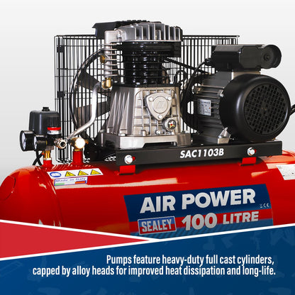 Sealey SAC1103B Air Compressor 100L Belt Drive 3hp with Cast Cylinders & Wheels