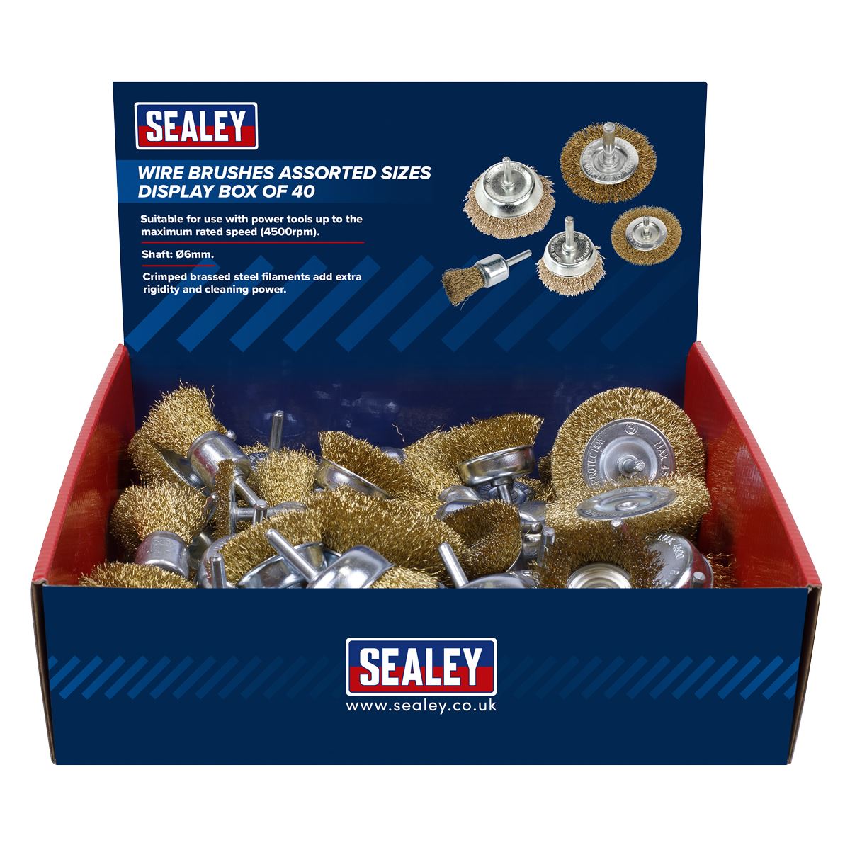 Sealey BWBS40DB Crimped Wire Brushes - Assorted Sizes - Display Box of 40