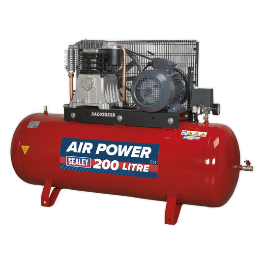 Sealey SAC42055B Air Compressor 200L Belt Drive 5.5hp 3ph 2-Stage with Cast Cylinders