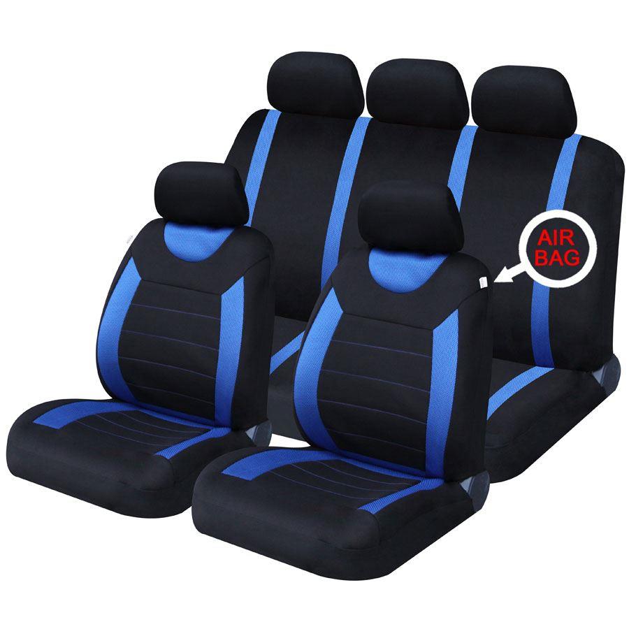 Universal Car Black & Blue Seat Covers Washable Airbag Safe Carnaby 8 Piece Set