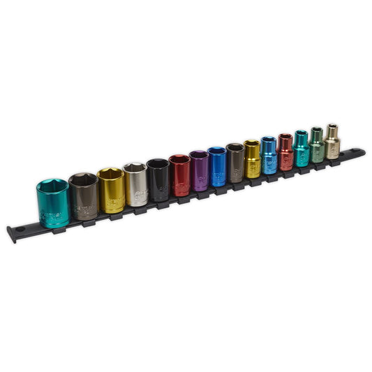 Sealey AK2874 Multi-Coloured Socket Set 15pc 1/2"Sq Drive 6pt WallDrive® Metric