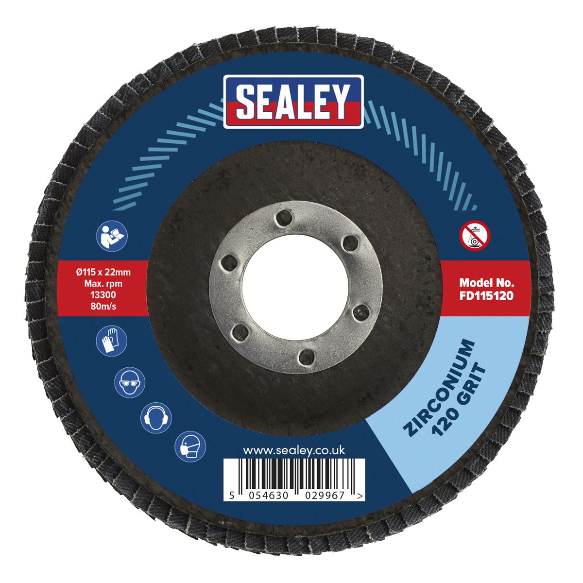 Sealey FD11512010 120Grit Flap Discs Zirconium Ø115mm Ø22mm Bore - Pack of 10