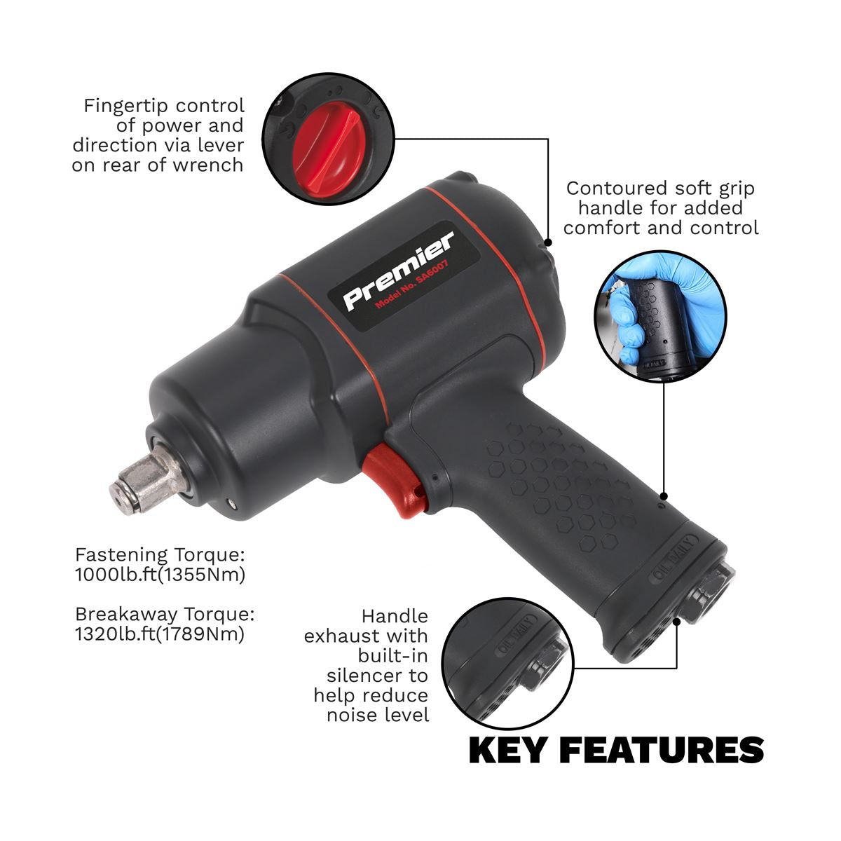 Sealey SA6007 Air Impact Wrench 1/2"Sq Drive - Twin Hammer