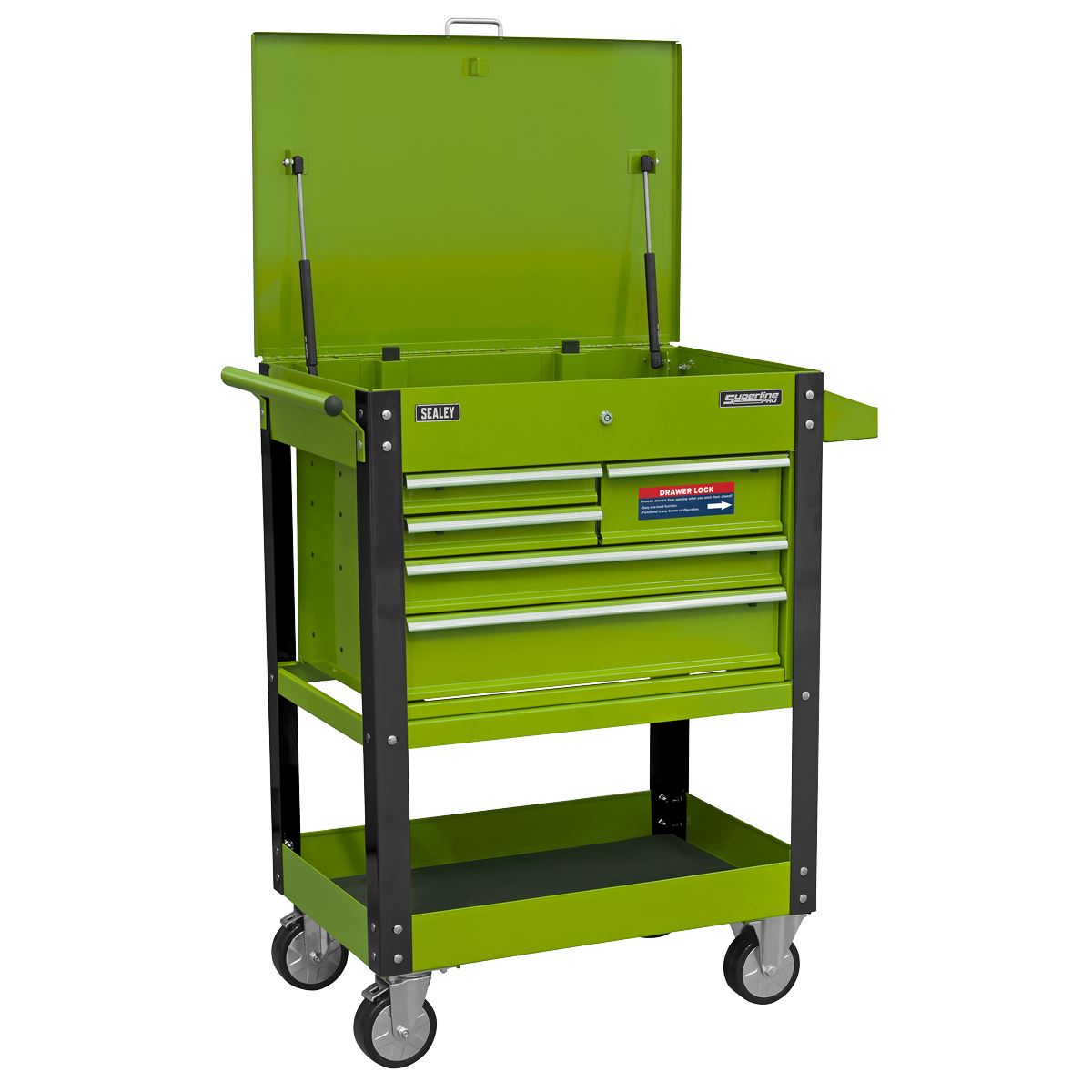 Sealey AP890MHV Heavy-Duty Mobile Tool & Parts Trolley with 5 Drawers and Lockable Top- Hi-Vis Green