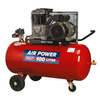 Sealey SAC1103B Air Compressor 100L Belt Drive 3hp with Cast Cylinders & Wheels