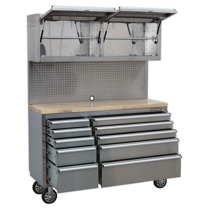 Sealey AP5520SS Mobile Stainless Steel Tool Cabinet 10 Drawer with Backboard & 2 Wall Cupboards