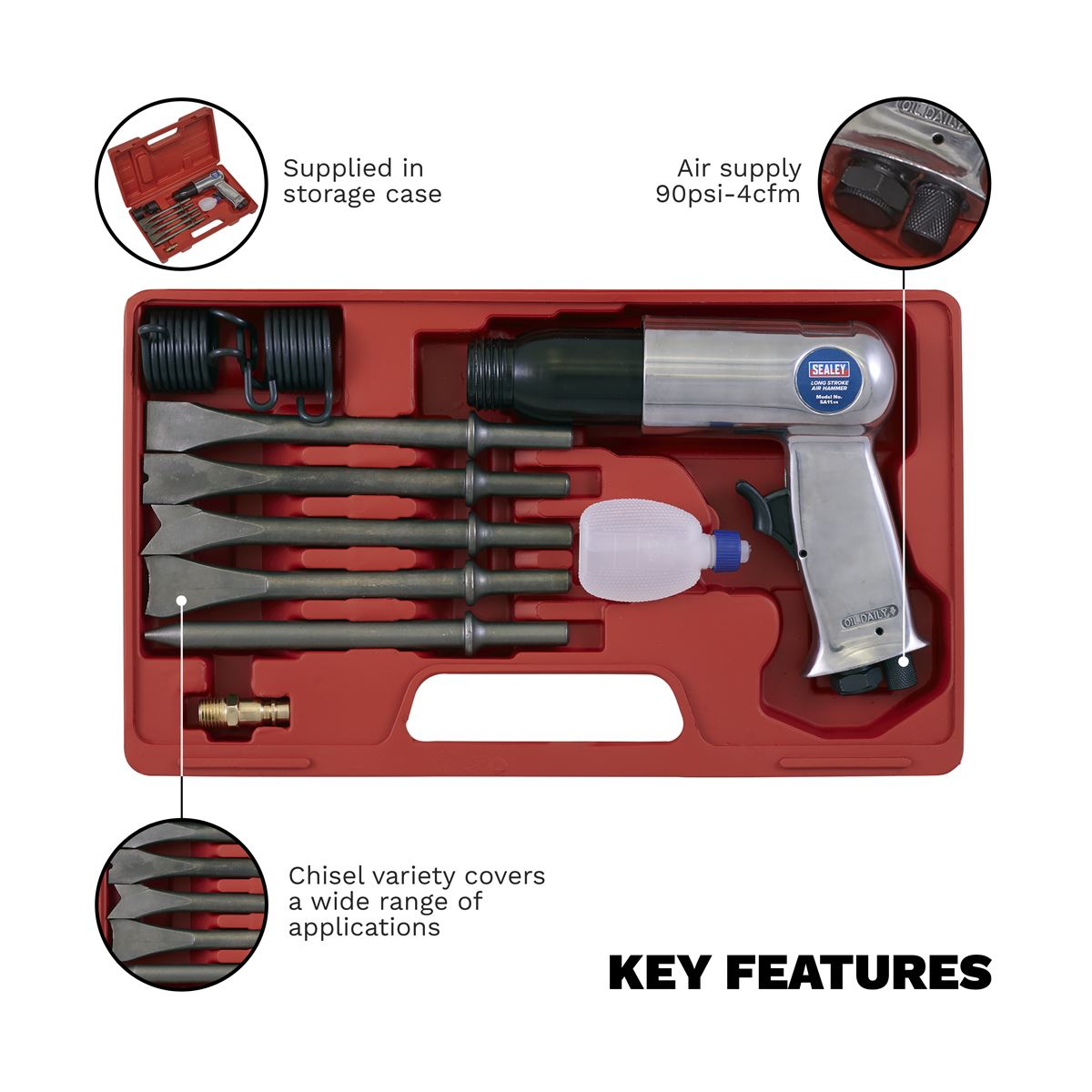 Sealey SA11 Air Hammer with Chisels Long Stroke