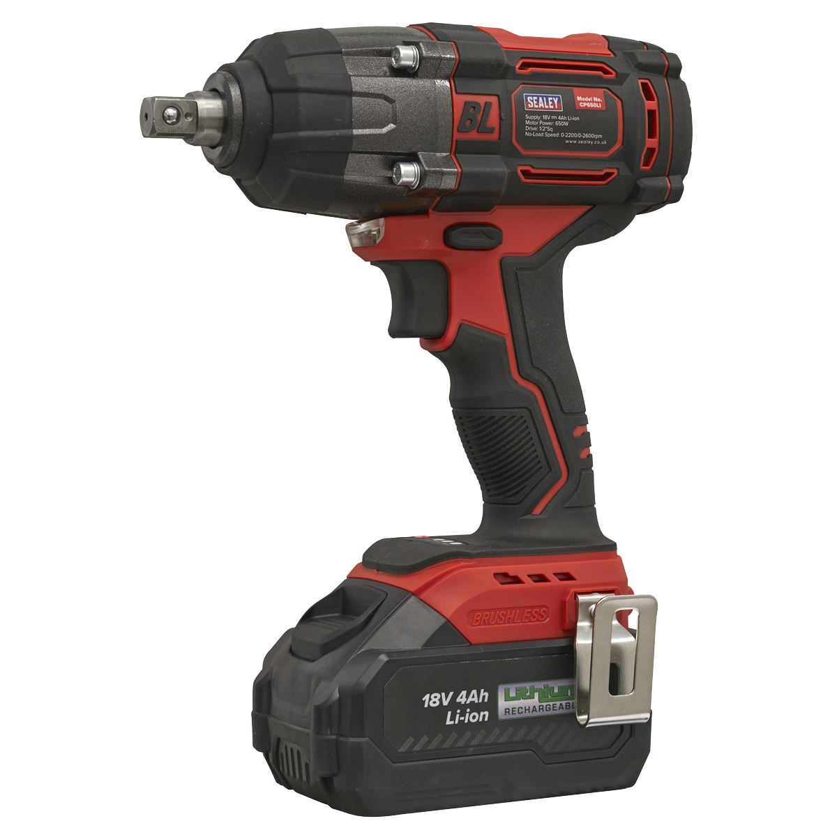 Sealey CP650LI Cordless Brushless Impact Wrench 18V 4Ah Lithium-ion 1/2"Sq Drive