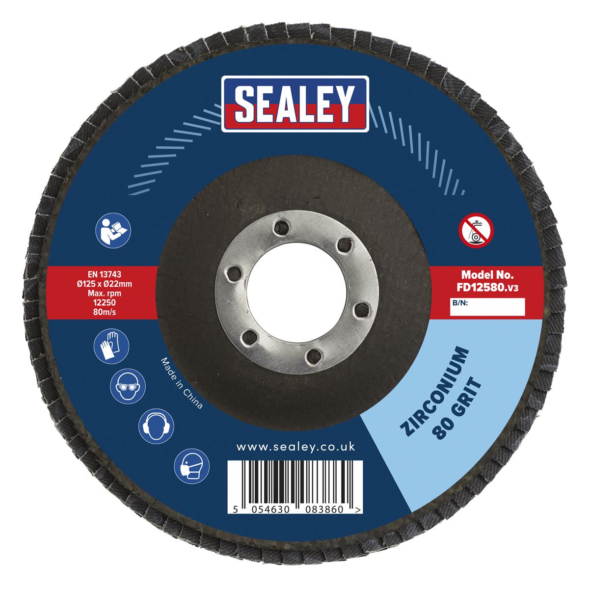 Sealey FD12580 Flap Disc Zirconium Ø125mm Ø22mm Bore 80Grit