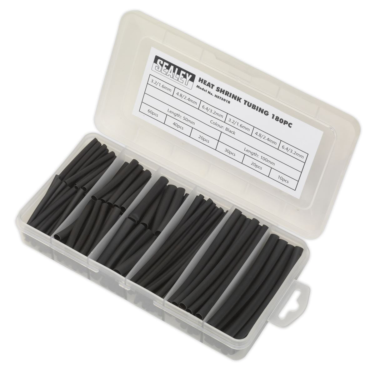 Sealey HST501B Heat Shrink Tubing Assortment 180pc 50 & 100mm Black