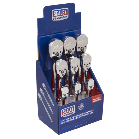 Sealey AK6672DB Ratchet Wrenches 1/4" 3/8" & 1/2"Sq Drive Pear-Head Flip Reverse Display Box of 9