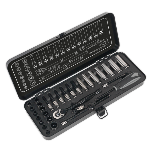 Sealey AK7970 Socket Set 32pc 1/4"Sq Drive 6pt WallDrive® Metric Premier Black