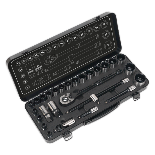 Sealey AK7972 Socket Set 28pc 1/2"Sq Drive 6pt WallDrive® Metric Premier Black