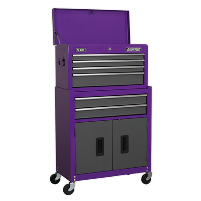 Sealey AP2200COMBOCP Topchest & Rollcab Combination 6 Drawer with Ball-Bearing Slides - Purple/Grey & 170pc Tool Kit