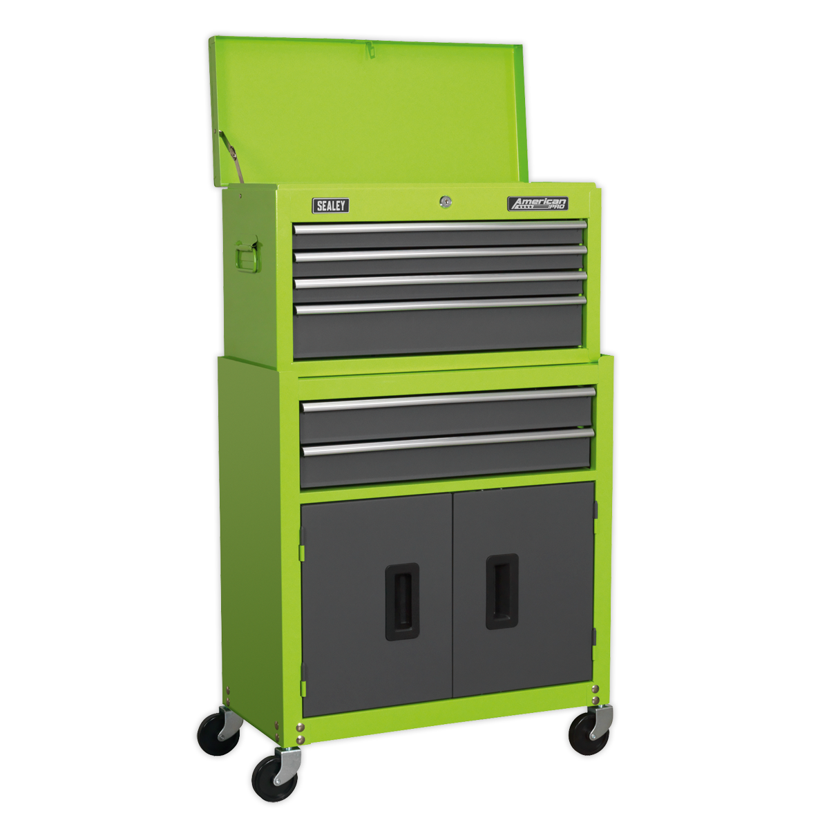 Sealey AP2200BBHVSTACK Topchest Mid-Box Tool Chest & Rollcab 9 Drawer Stack - Green