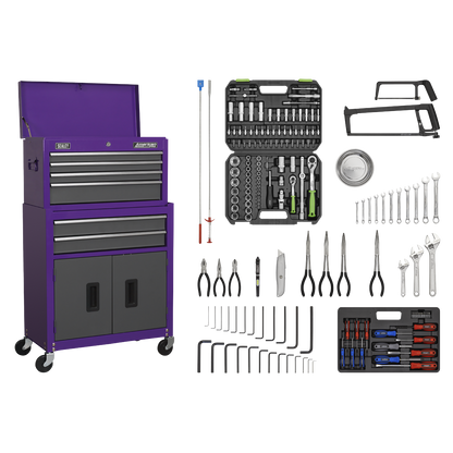 Sealey AP2200COMBOCP Topchest & Rollcab Combination 6 Drawer with Ball-Bearing Slides - Purple/Grey & 170pc Tool Kit