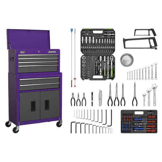 Sealey AP2200COMBOCP Topchest & Rollcab Combination 6 Drawer with Ball-Bearing Slides - Purple/Grey & 170pc Tool Kit