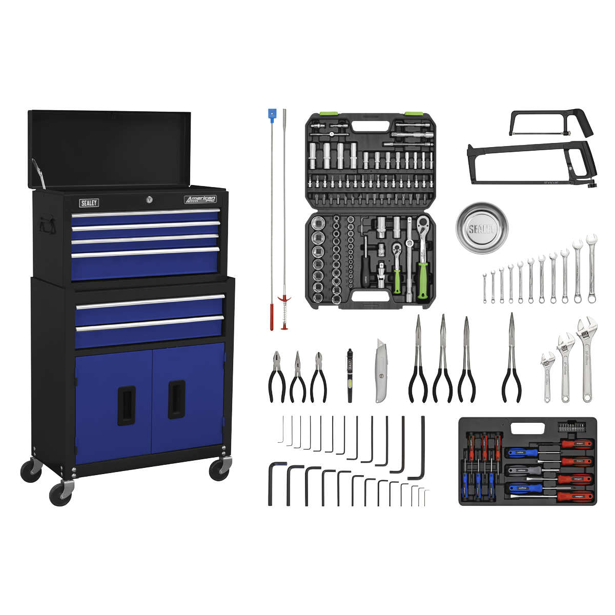 Sealey AP22BCOMBO Topchest & Rollcab Combination 6 Drawer with Ball-Bearing Slides - Blue/Black & 170pc Tool Kit