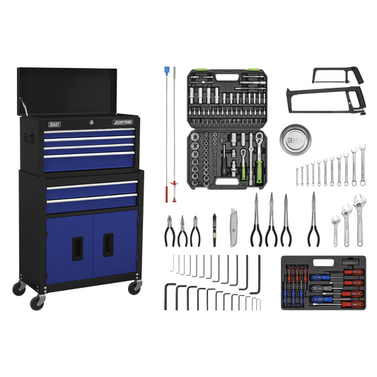 Sealey AP22BCOMBO Topchest & Rollcab Combination 6 Drawer with Ball-Bearing Slides - Blue/Black & 170pc Tool Kit