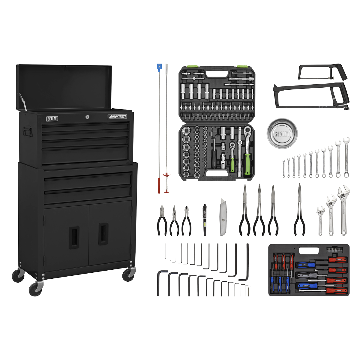 Sealey AP22BKCOMBO Topchest & Rollcab Combination 6 Drawer with Ball-Bearing Slides - Black & 170pc Tool Kit