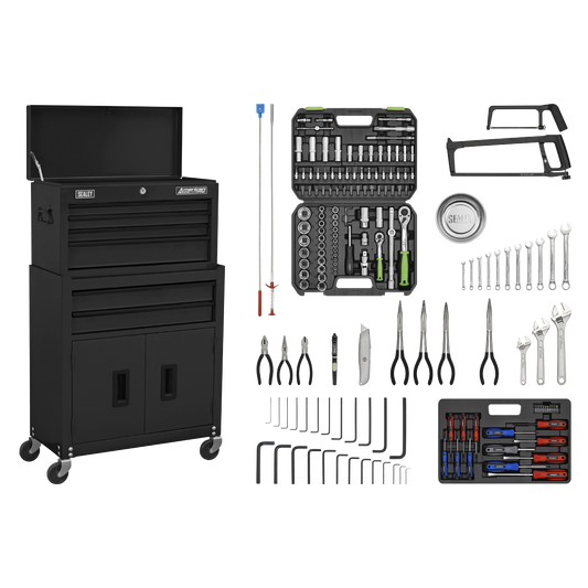 Sealey AP22BKCOMBO Topchest & Rollcab Combination 6 Drawer with Ball-Bearing Slides - Black & 170pc Tool Kit