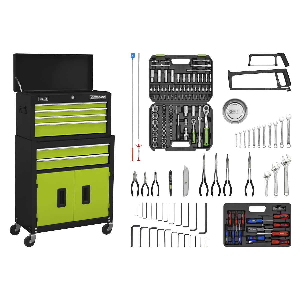 Sealey AP22HVGCOMBO Topchest & Rollcab Combination 6 Drawer with Ball-Bearing Slides - Green/Black & 170pc Tool Kit