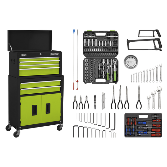 Sealey AP22HVGCOMBO Topchest & Rollcab Combination 6 Drawer with Ball-Bearing Slides - Green/Black & 170pc Tool Kit