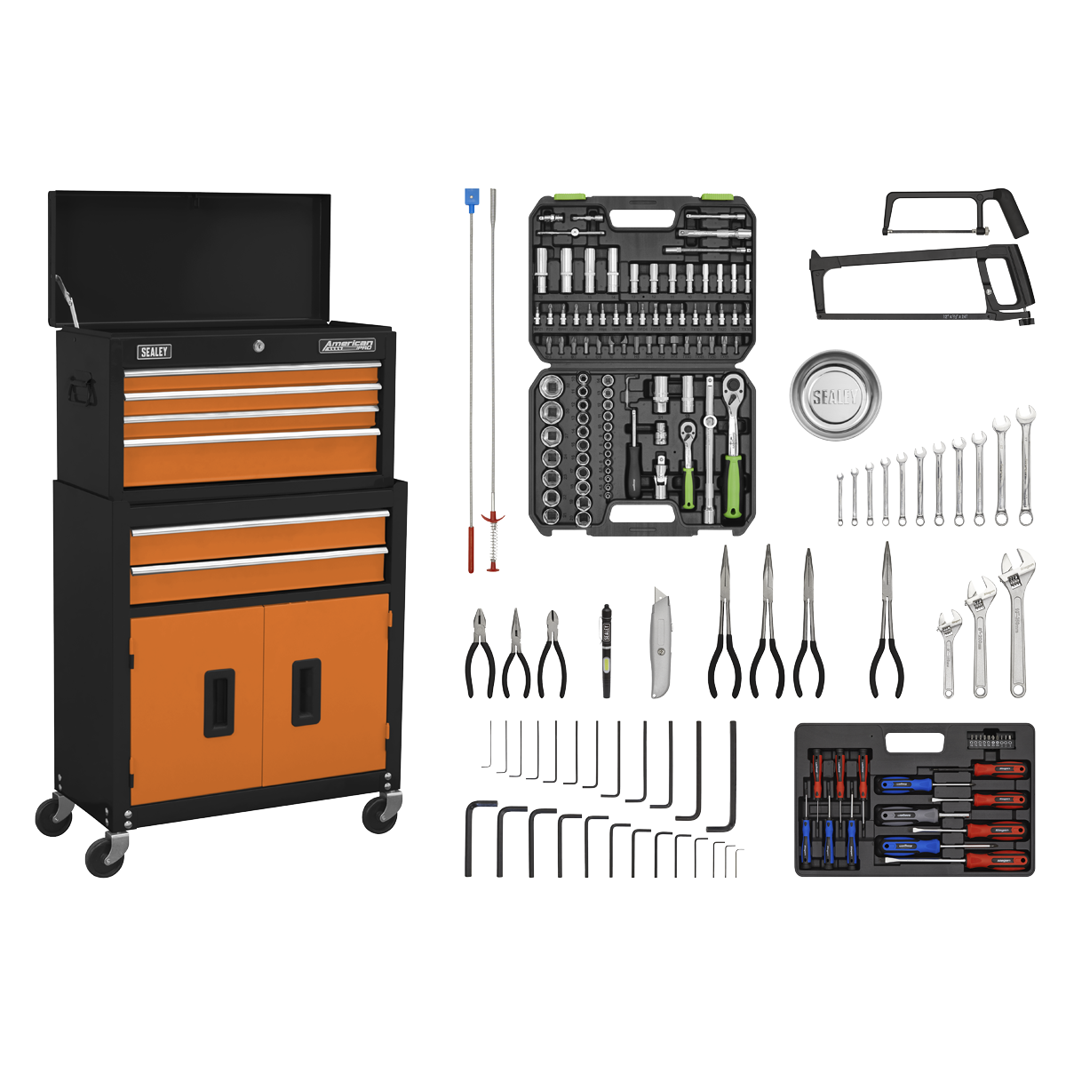 Sealey AP22OCOMBO Topchest & Rollcab Combination 6 Drawer with Ball-Bearing Slides - Orange/Black & 170pc Tool Kit