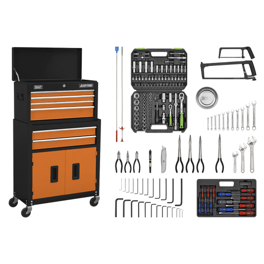 Sealey AP22OCOMBO Topchest & Rollcab Combination 6 Drawer with Ball-Bearing Slides - Orange/Black & 170pc Tool Kit