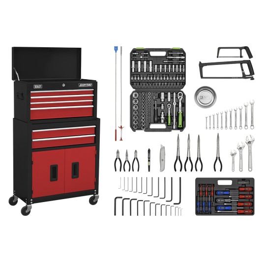 Sealey AP22RCOMBO Topchest & Rollcab Combination 6 Drawer with Ball-Bearing Slides - Red/Black & 170pc Tool Kit