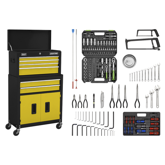 Sealey AP22YCOMBO Topchest & Rollcab Combination 6 Drawer with Ball-Bearing Slides - Yellow/Black & 170pc Tool Kit