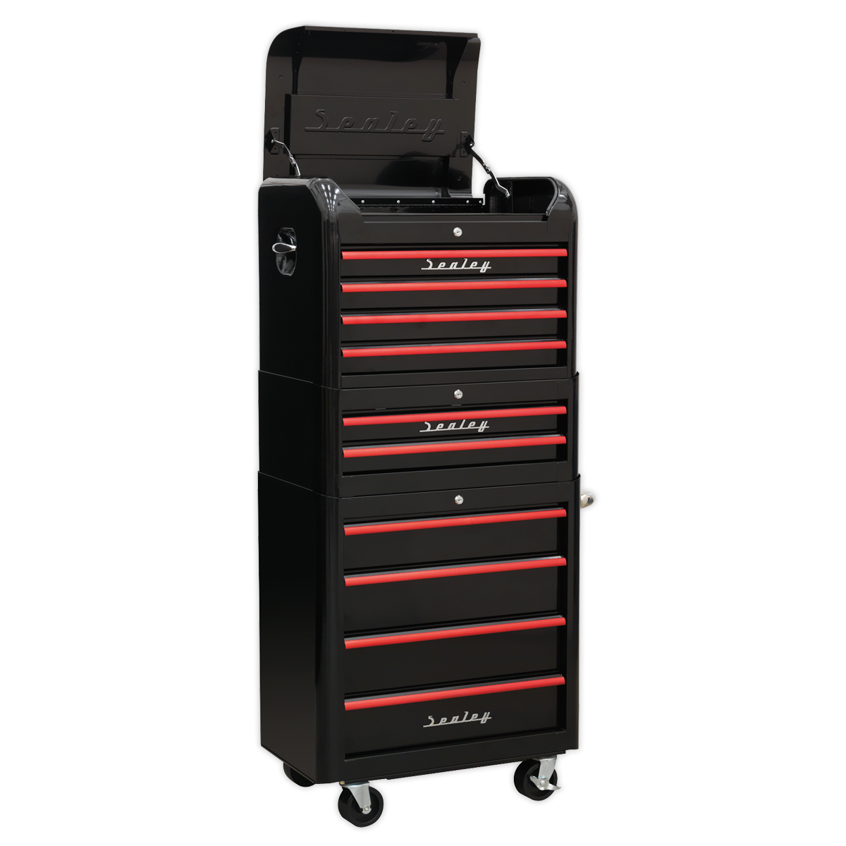 Sealey AP28COMBO2BR Retro Style Topchest Mid-Box Tool Chest & Rollcab Combination 10 Drawer - Black with Red Anodised Drawer Pulls