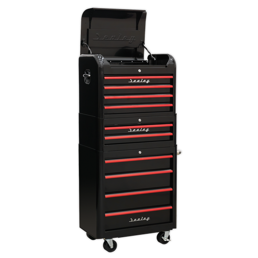 Sealey AP28COMBO2BR Retro Style Topchest Mid-Box Tool Chest & Rollcab Combination 10 Drawer - Black with Red Anodised Drawer Pulls