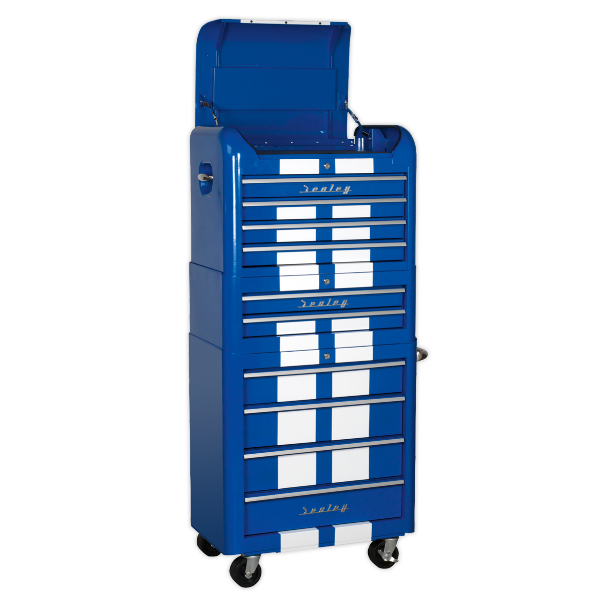 Sealey AP28COMBO2BWS Retro Style Topchest Mid-Box Tool Chest & Rollcab Combination 10 Drawer Blue/White Stripes