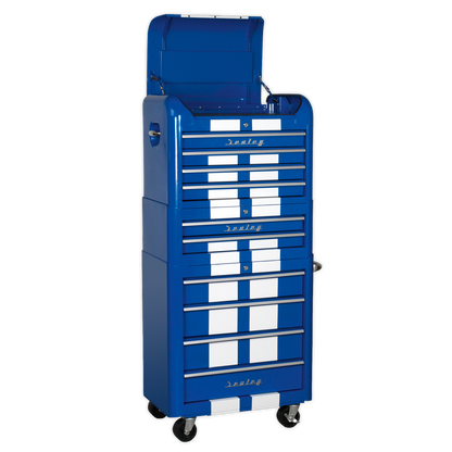 Sealey AP28COMBO2BWS Retro Style Topchest Mid-Box Tool Chest & Rollcab Combination 10 Drawer Blue/White Stripes