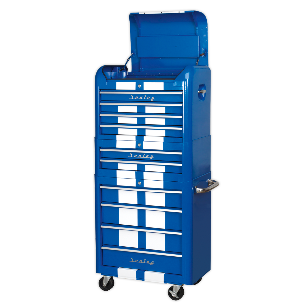 Sealey AP28COMBO2BWS Retro Style Topchest Mid-Box Tool Chest & Rollcab Combination 10 Drawer Blue/White Stripes