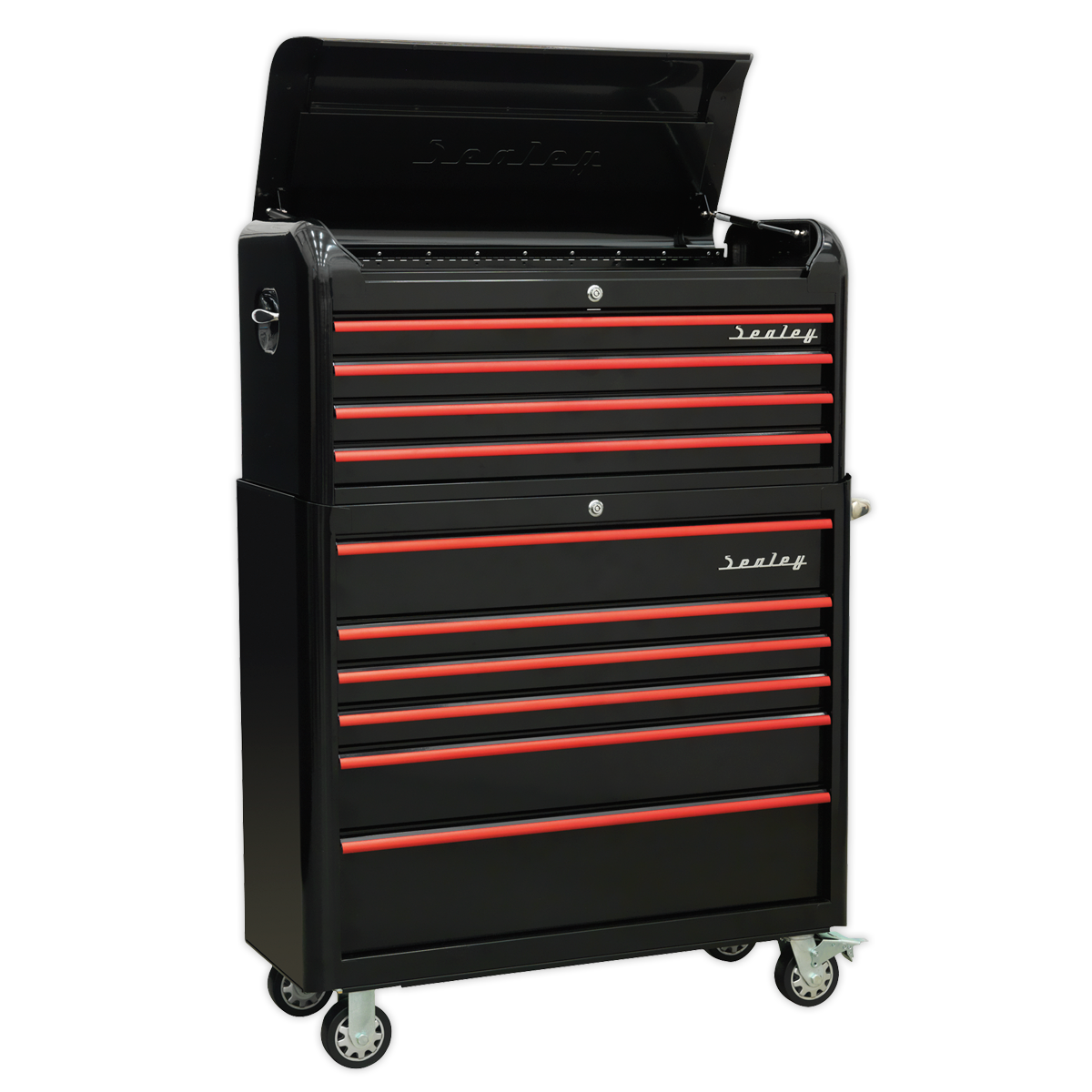 Sealey AP41COMBOBR Retro Style Wide Topchest & Rollcab Combination 10 Drawer-Black with Red Anodised Drawer Pulls