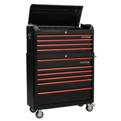 Sealey AP41COMBOBR Retro Style Wide Topchest & Rollcab Combination 10 Drawer-Black with Red Anodised Drawer Pulls