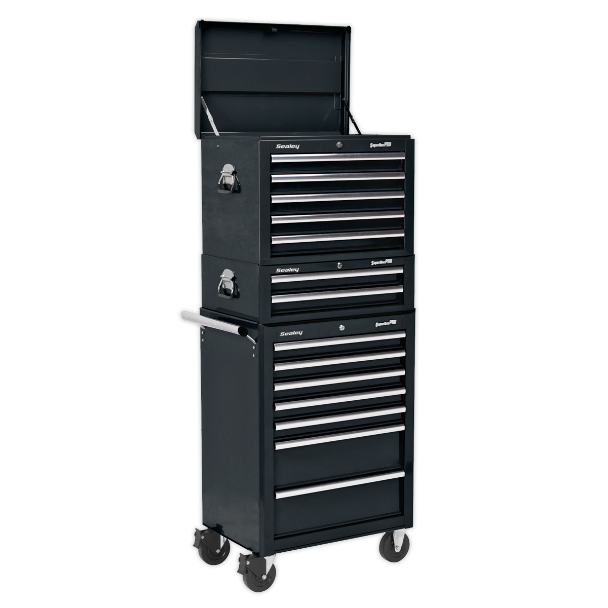 Sealey APSTACKTB Topchest Mid-Box Tool Chest & Rollcab Combination 14 Drawer with Ball-Bearing Slides - Black