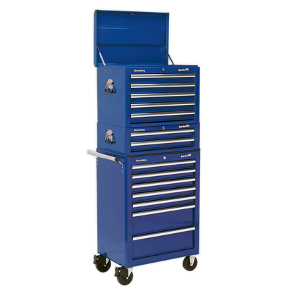 Sealey APSTACKTC Topchest Mid-Box Tool Chest & Rollcab Combination 14 Drawer with Ball-Bearing Slides - Blue