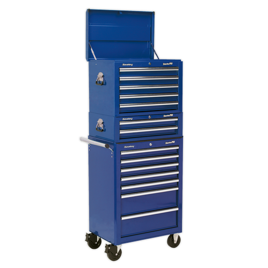 Sealey APSTACKTC Topchest Mid-Box Tool Chest & Rollcab Combination 14 Drawer with Ball-Bearing Slides - Blue