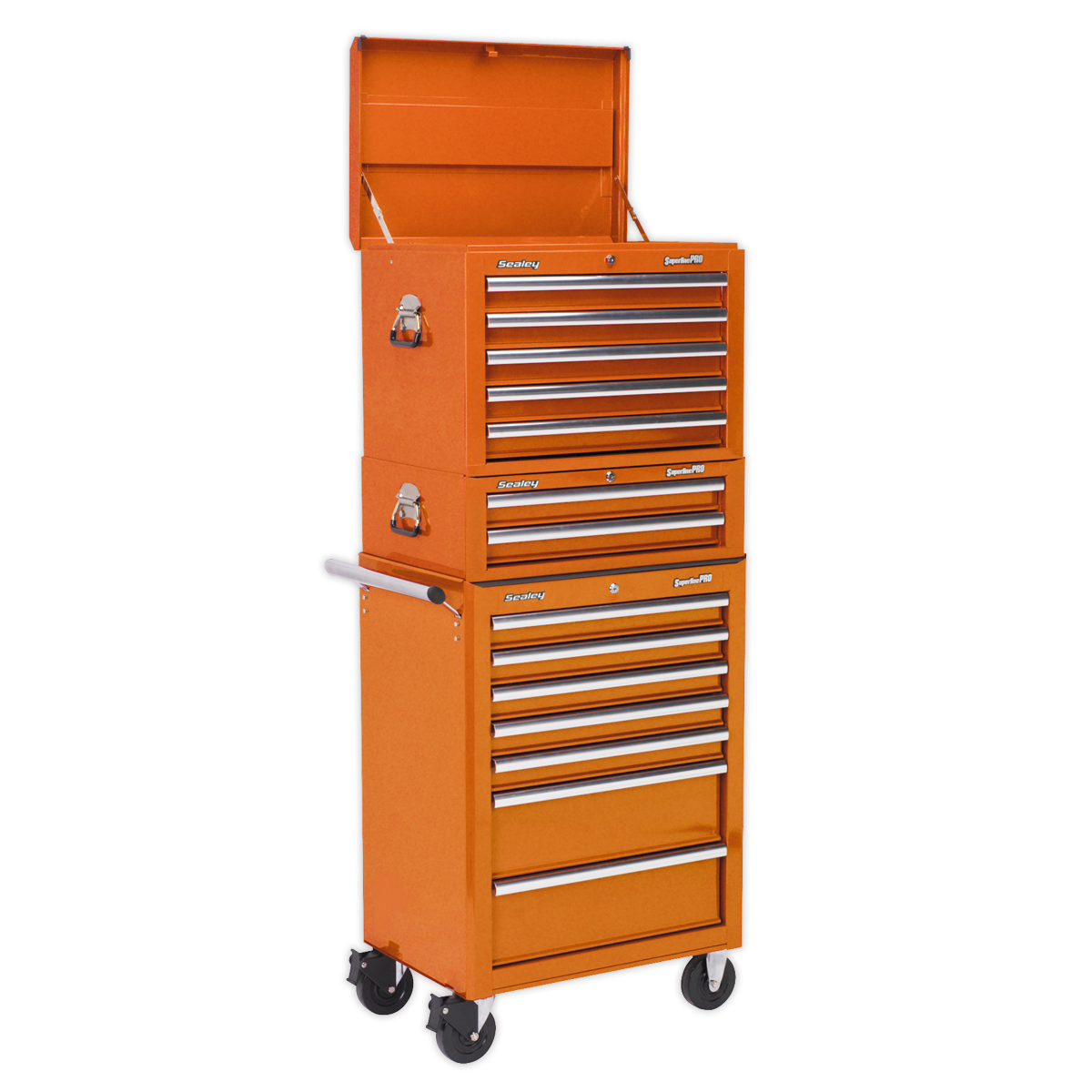 Sealey APSTACKTO Topchest Mid-Box Tool Chest & Rollcab Combination 14 Drawer with Ball-Bearing Slides - Orange