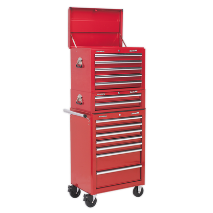 Sealey APSTACKTR Topchest Mid-Box Tool Chest & Rollcab Combination 14 Drawer with Ball-Bearing Slides - Red