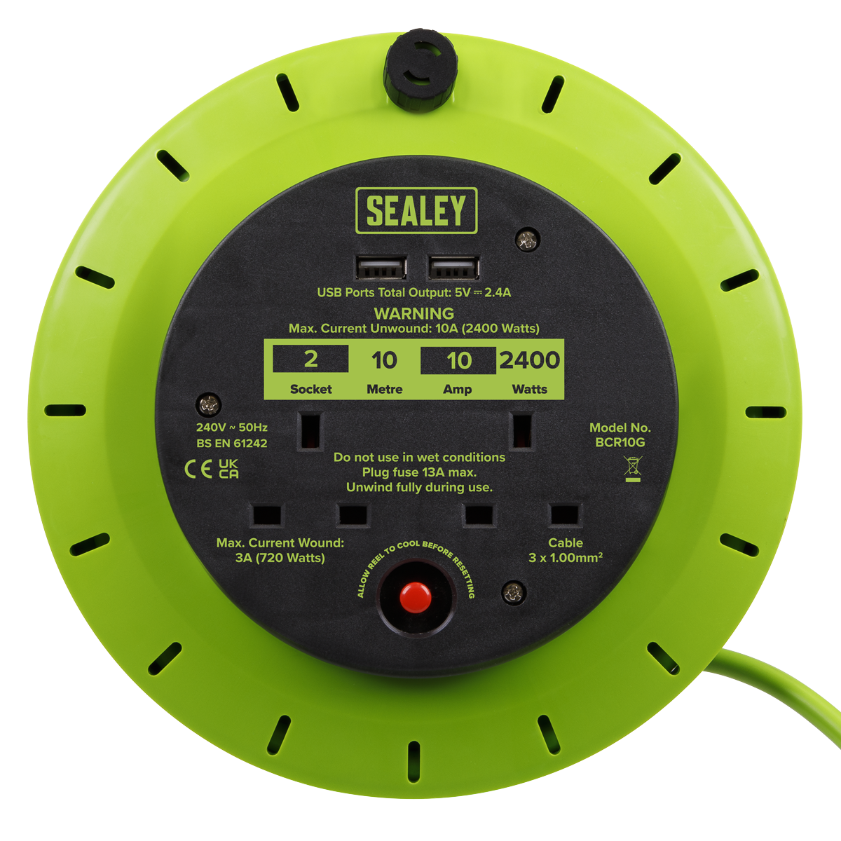 Sealey BCR10G Cassette Type Cable Reel Green with Thermal Trip 2 x 230V and 2 x USB 10m