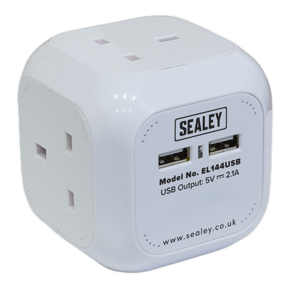 Sealey EL144USB Extension Cable Cube 1.4m 4 x 230V & 2 x USB Sockets - White