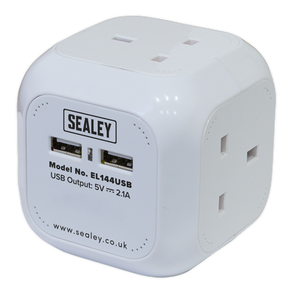 Sealey EL144USB Extension Cable Cube 1.4m 4 x 230V & 2 x USB Sockets - White