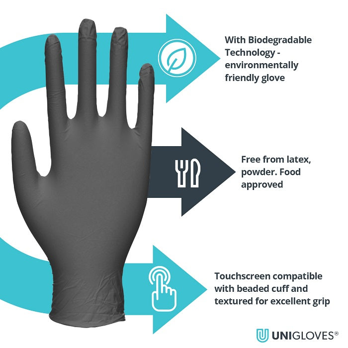 Unigloves BioTouch Black Biodegradable Disposable Nitrile Gloves GM009-McCormickTools