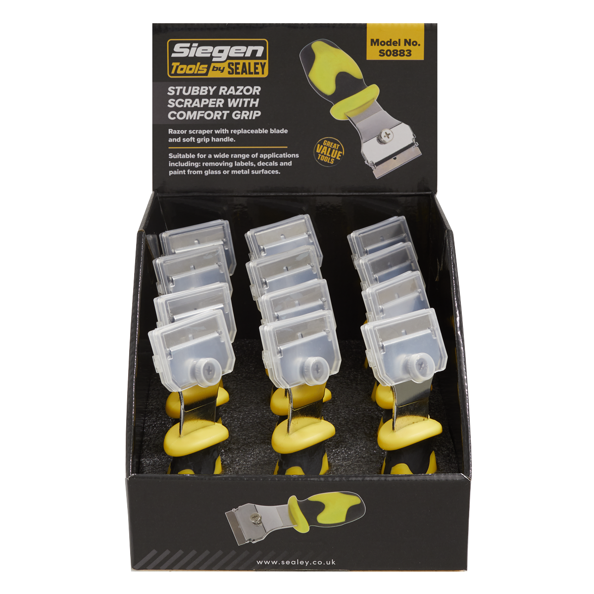 Siegen S0883 Razor Scraper with Comfort Grip Stubby Display Box of 12